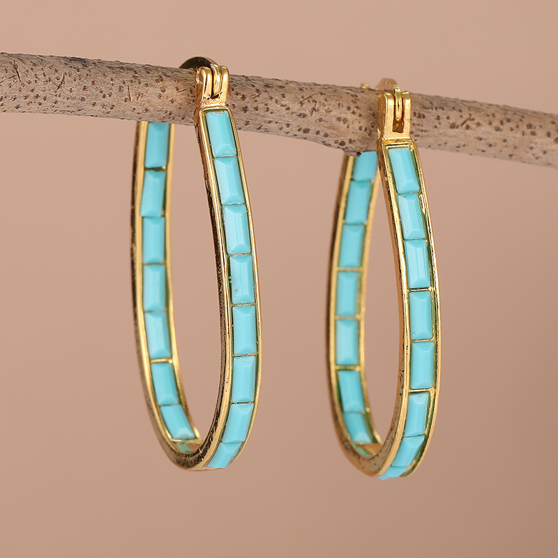 Turquoise Stone Ring - 빈티지 심플 인레이드 합성 터키석 골드