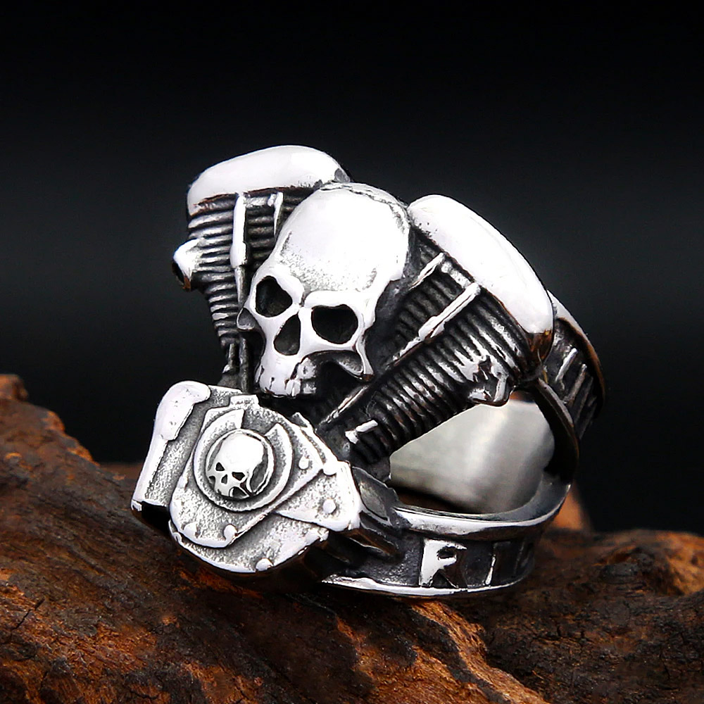 Gothic Skull Ring - 클래식 펑크 바이커 스컬 오토바이 엔진
