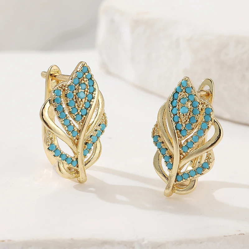 Turquoise Stone Ring - 창의적인 잎 모양의 후프 귀걸이 금도금